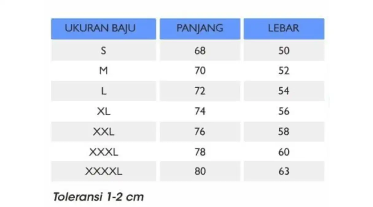 Tabel Ukuran Kemeja Oravia